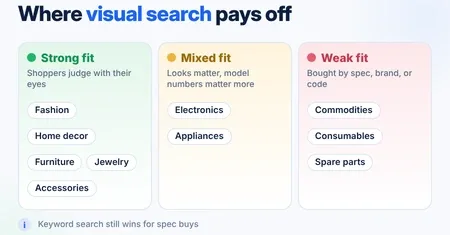 Ecommerce categories by visual search fit, strong for fashion, home decor, furniture, jewelry, accessories, weak for commodities and consumables